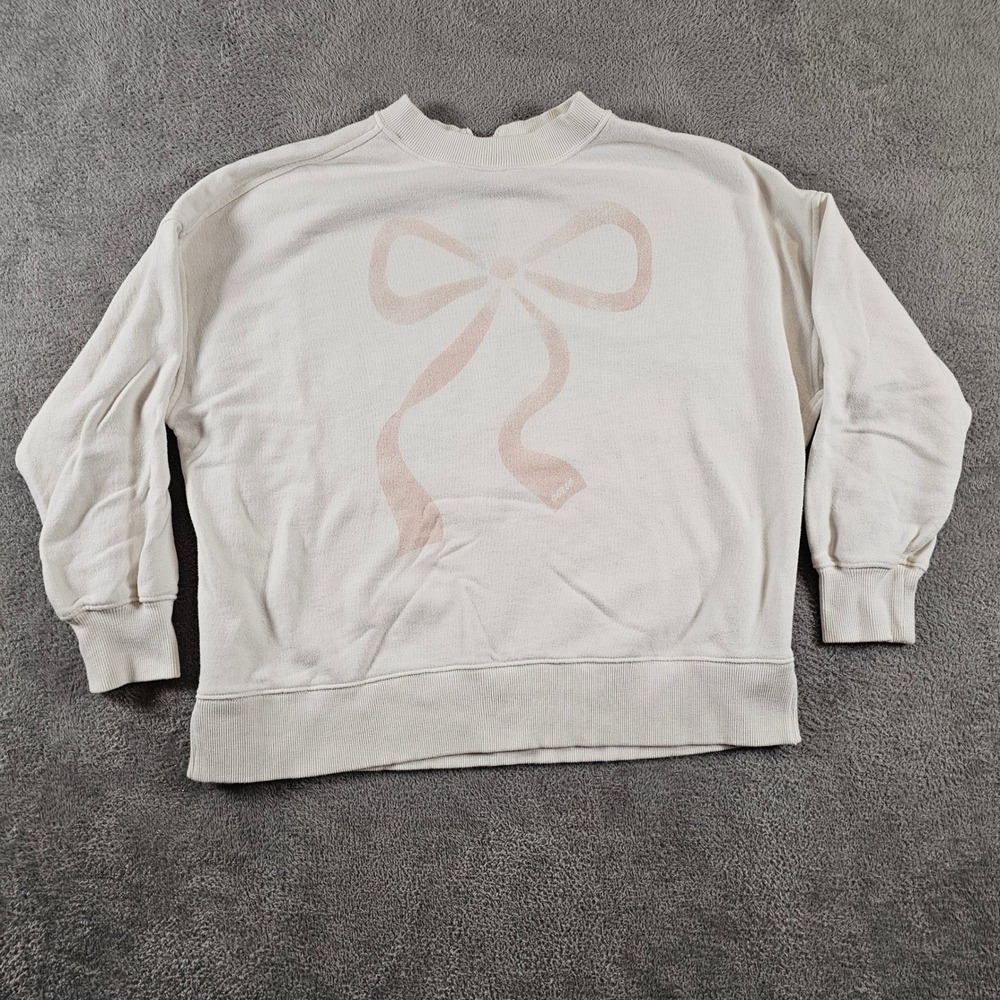 Aerie Bow Graphic Sweatshirt Cream Pink Pearl Keyhole Back Oversized Small